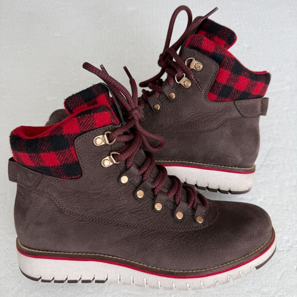 Size 9B - Cole Haan Boots Women's Zero Grand Hiker Brown Leather Red Plaid Boots